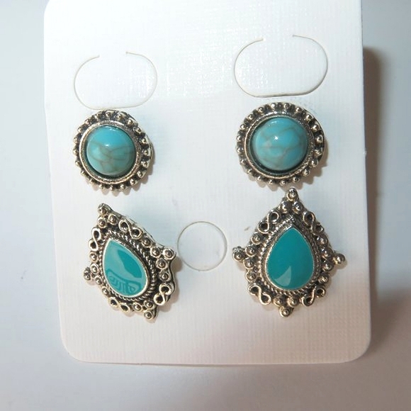 Set Of TWO Pairs Fashion Turquoise Enamel Earrings - Picture 9 of 10